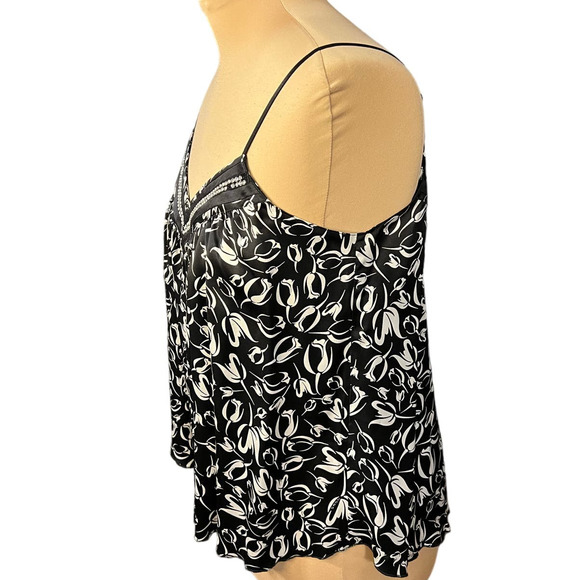 BeBe Black Floral Print Embellished Silk Tank Top, Size L - Picture 3 of 9